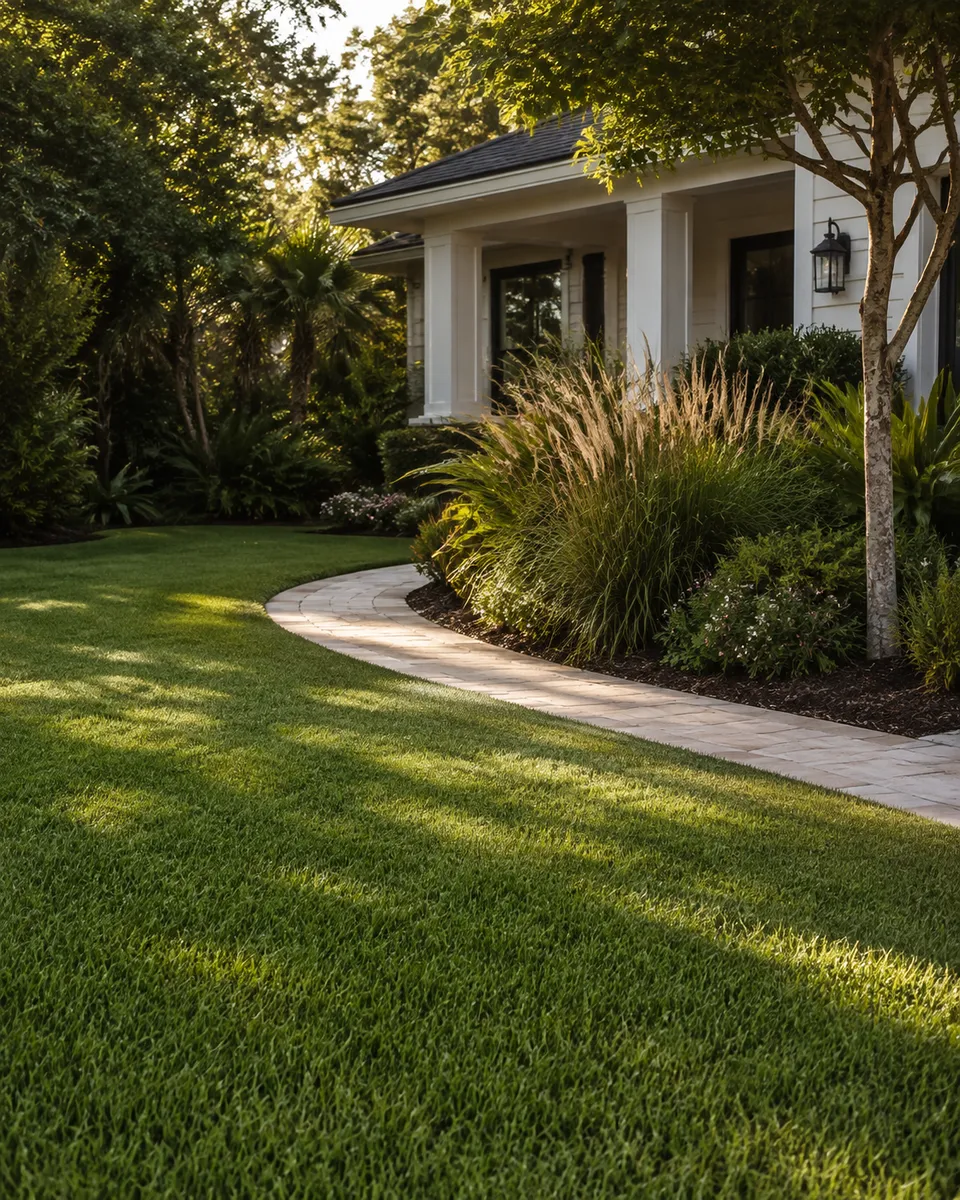 Sunlit lawn, a neatly edged garden, and a welcoming front porch
